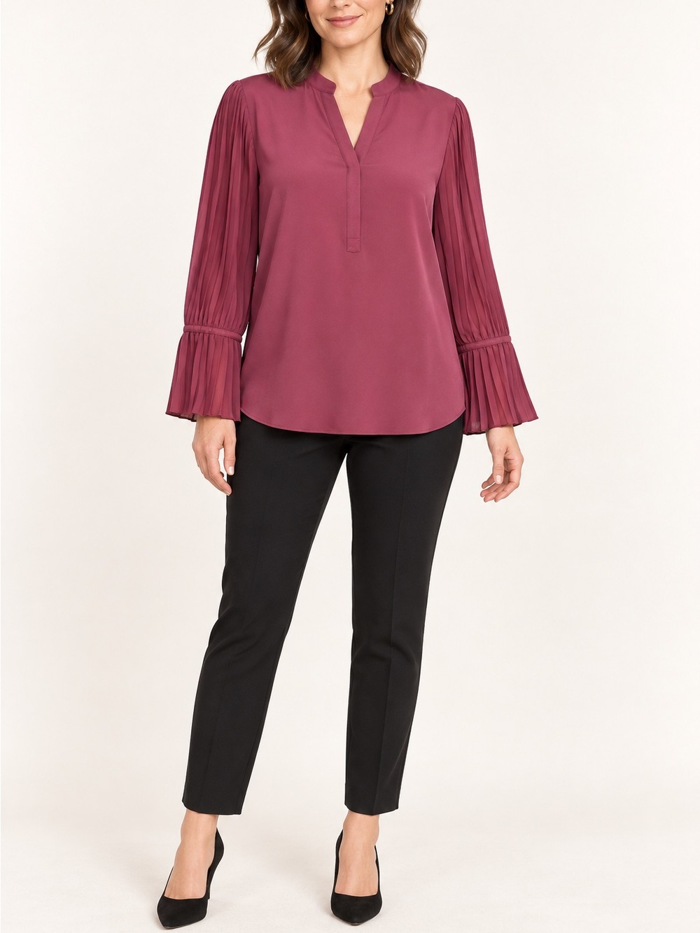 NWT Chico’s Blouse Women’s Size 2 Burgundy Pleated Sleeve Sheer Cuff V Neck‎